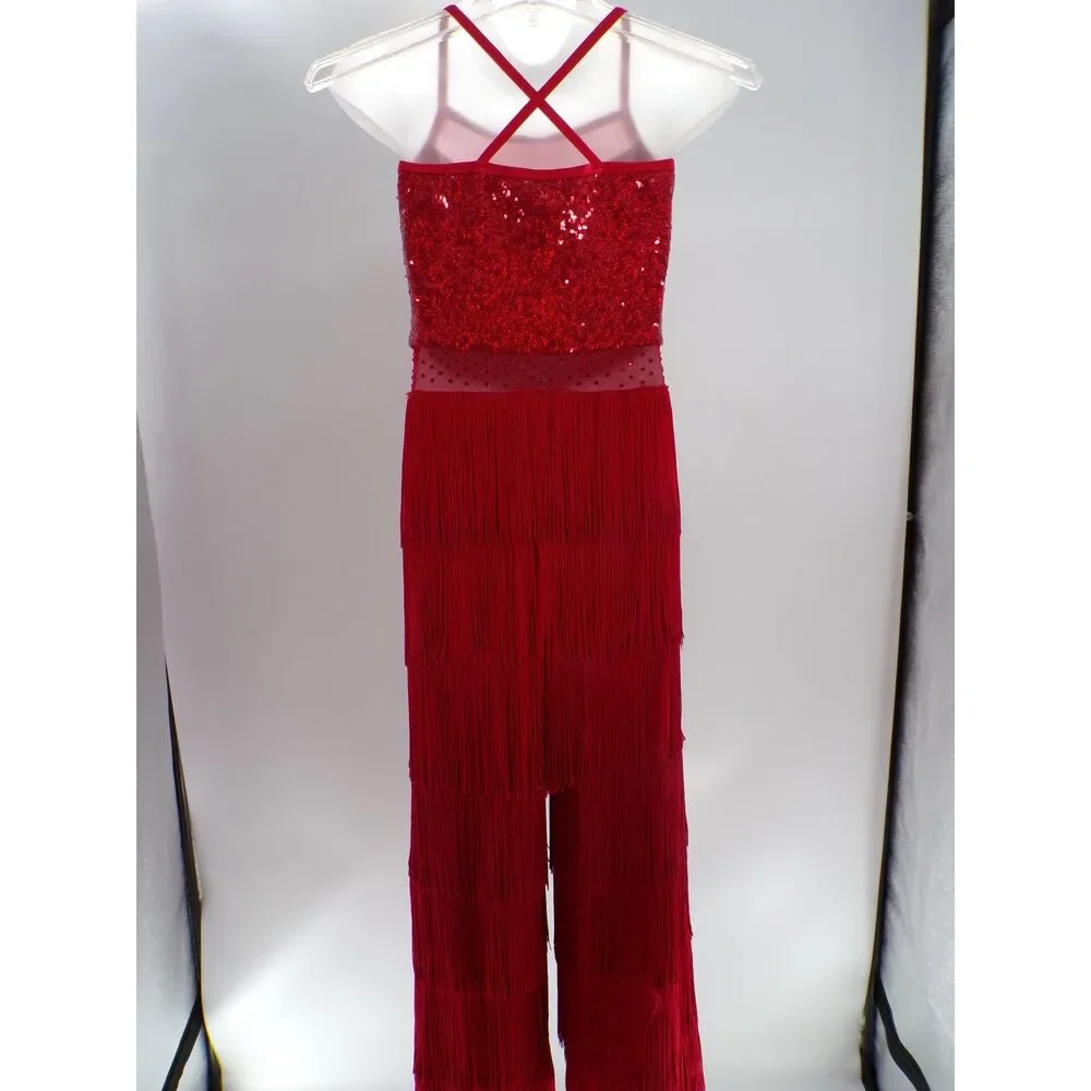 Pre-Owned Dance Costume AWCT 24022 Med-Lar Child Red Fringe Jazz Tap Sequins/Rh